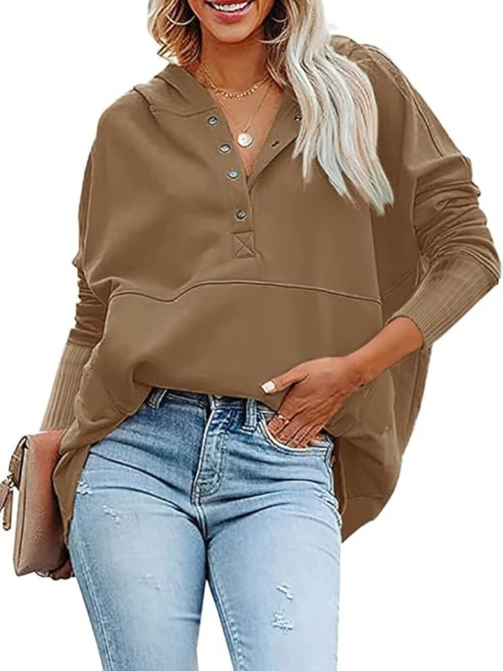 Women's Casual Long Sleeve Sweatshirt Half Zip Pullover Tops L - Picture 3 of 4